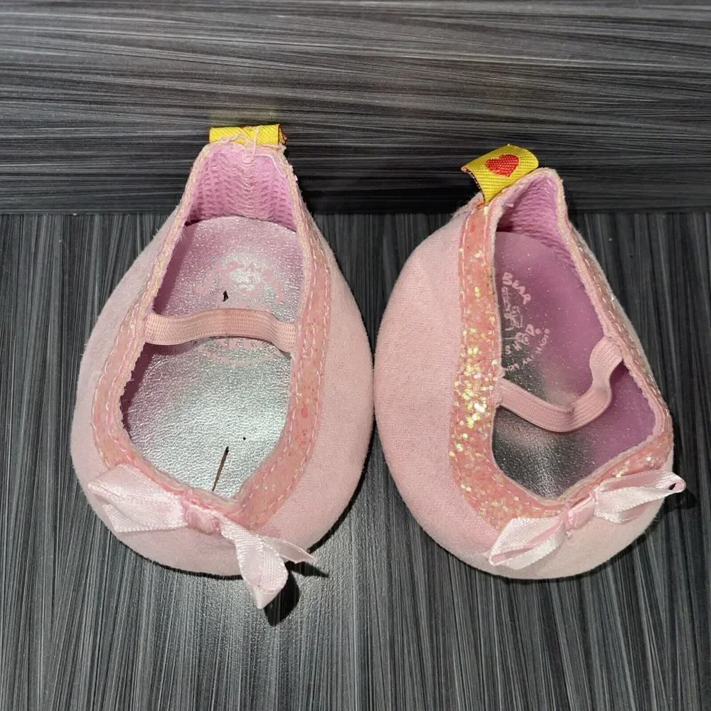 Build a Bear Ballet Soft Slippers Shoes, Pink w/Bows &‎ Glitter, Clean